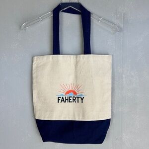 Faherty canvas reusable tote beige navy logo graphic 15.5 in x 14.5 in